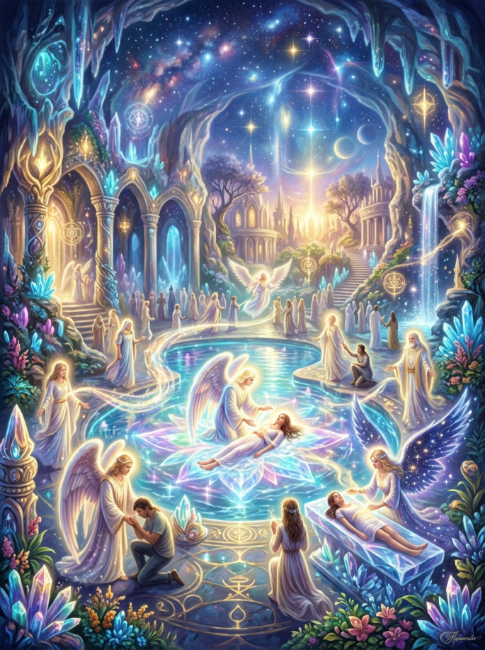 Angels comforting humans around a glowing pool with a star-filled sky and mystical architecture